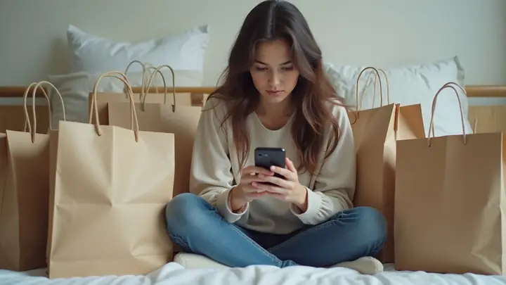 Young woman on her bed among plain shopping bags, checking her phone