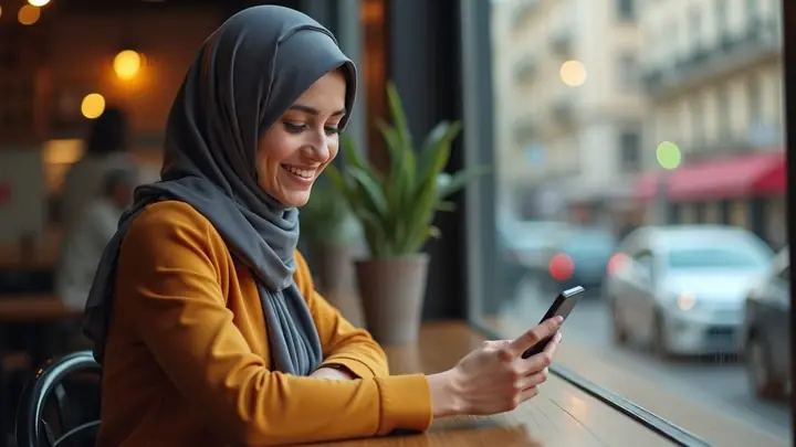 Young woman at a café window looking at her smartphone with a smile