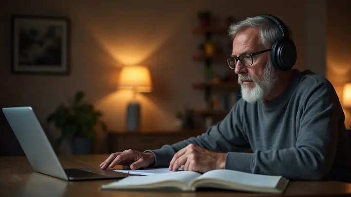 Man with headphones following an online course on a laptop at his kitchen table