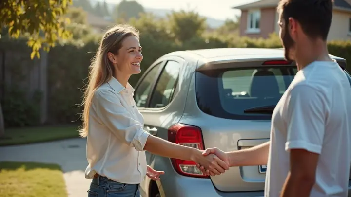 Seller and buyer shaking hands beside a clean silver hatchback in a driveway