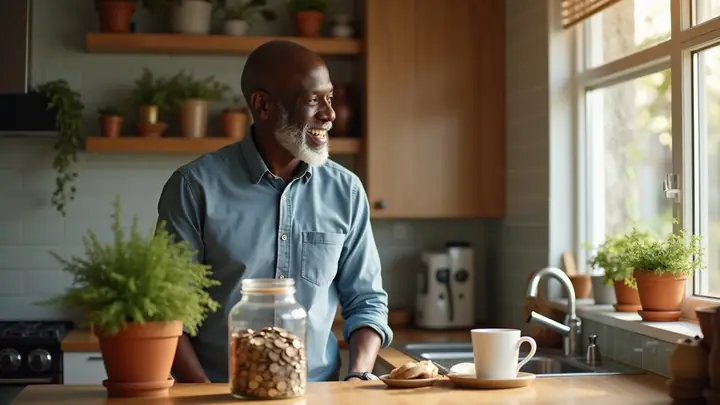 Man at a kitchen counter smiling at a glass savings jar partly filled with coins
