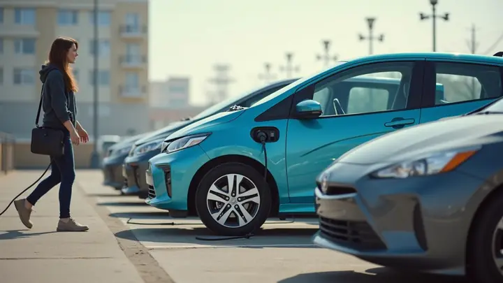 Woman walking past three compact cars parked side by side, comparing them