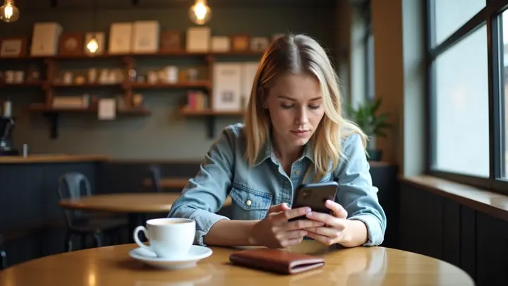Woman at a café table with her wallet and coffee, thinking over her spending