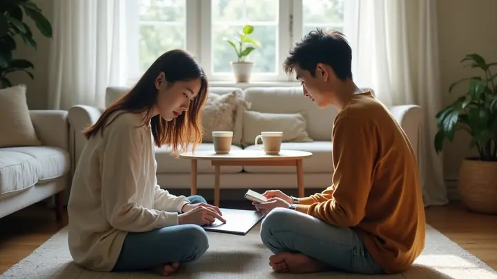 Young couple planning a monthly budget together with a laptop and notebook