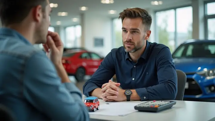 Man listening to a loan officer at a desk with a model car and a calculator