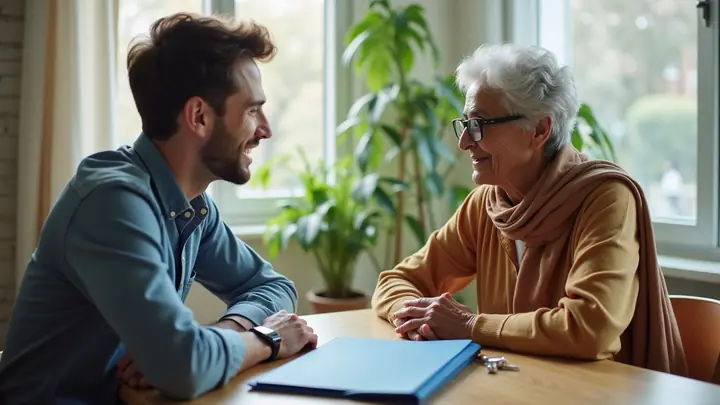 Tenant and landlady talking at a table with a closed folder and keys between them