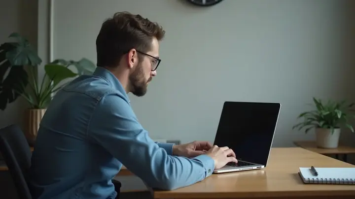 Man browsing online job listings on a laptop with an application-tracking notebook