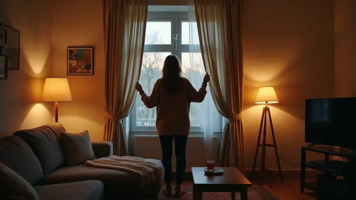 Woman drawing thick curtains at dusk in a warmly lit living room