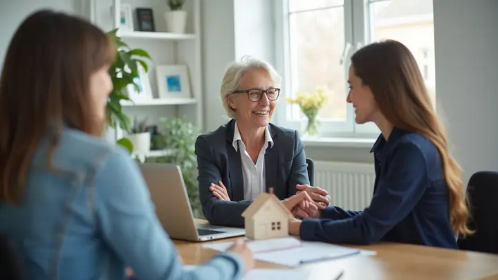 Adviser explaining a home loan to a young couple across an office desk