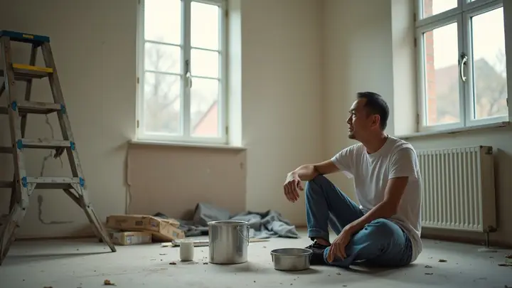 Man in an empty living room surrounded by paint tins, a ladder and a toolbox