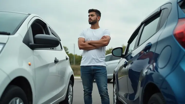 Man standing between two parked cars on a lot, weighing which to choose