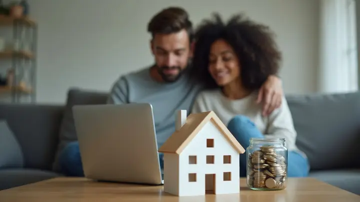 Couple on a sofa with a laptop, a model house and savings jar on the table