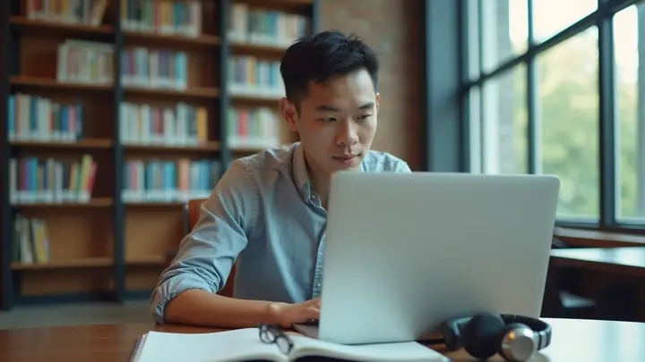 Student studying with a laptop and notebook at a campus library table