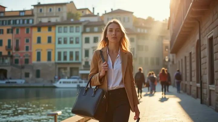 Young professional walking to work along a sunny riverside street with tiled buildings