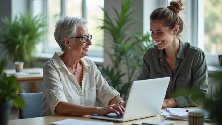 Woman in her forties learning a new role with help from a younger colleague