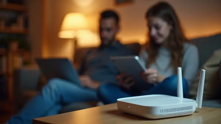 Couple relaxing with a laptop and tablet at home, a wifi router in the foreground