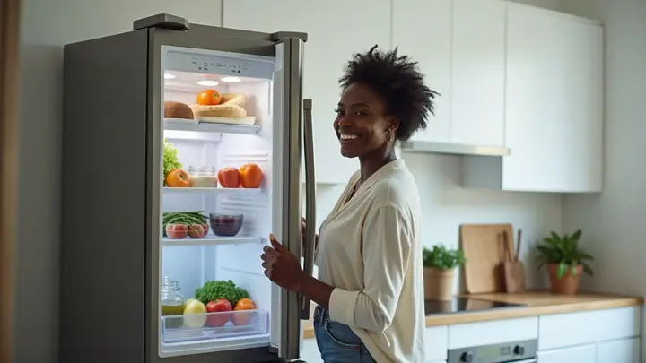 Woman opening a new stainless steel refrigerator in a bright kitchen