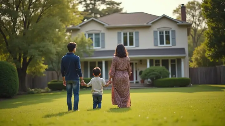 Family walking across the lawn toward their house on a sunny afternoon