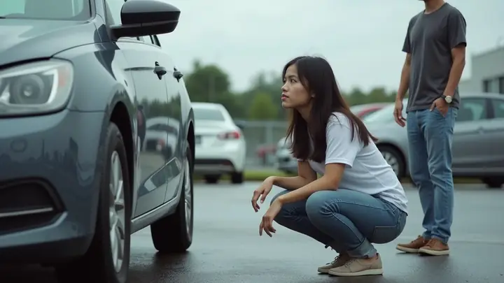 Woman crouching beside a used car on a lot while a friend looks on