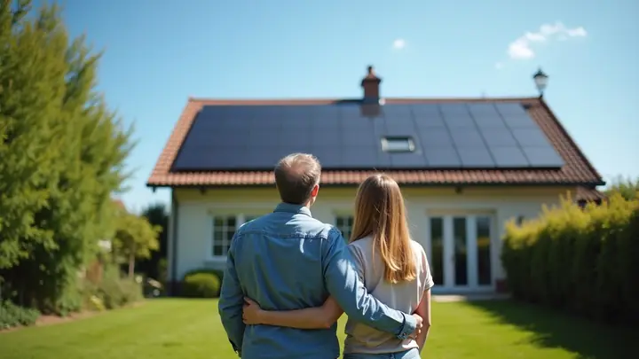 Couple in their garden looking up at solar panels on their roof