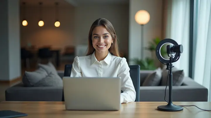 Young woman at her desk getting ready for a video job interview