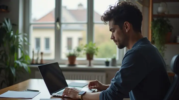 Man looking for jobs on a laptop at a calm home desk