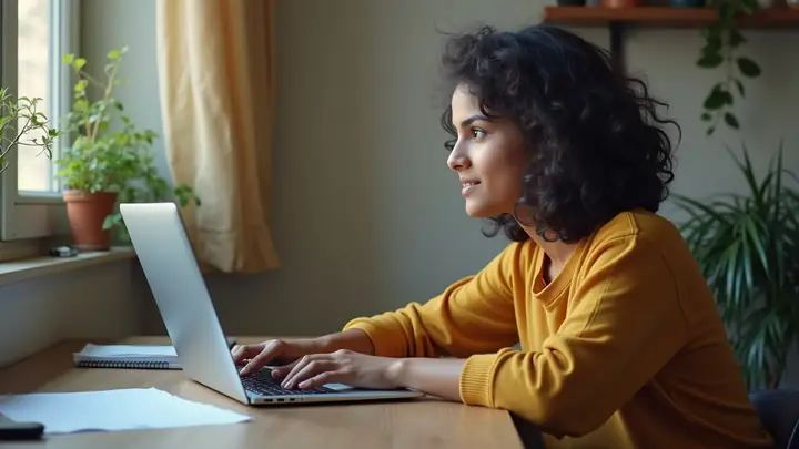 Young woman reviewing her resume on a laptop while searching for job openings