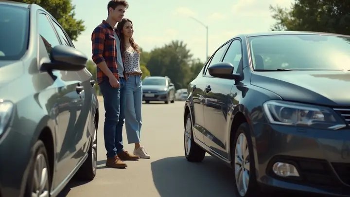 Young couple on a car lot comparing a new hatchback with an older sedan