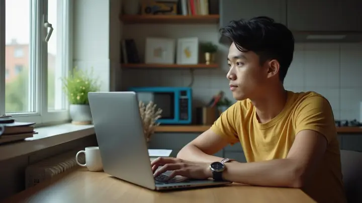 Student at a small kitchen table with a laptop and textbooks, weighing his options