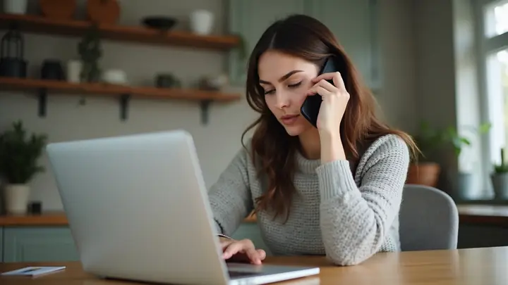 Woman making a phone call at her kitchen table beside an open laptop