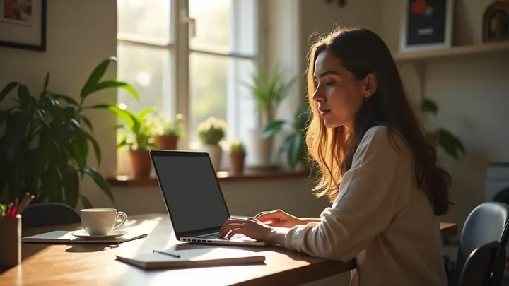 Young woman working remotely on a laptop at a bright home kitchen table