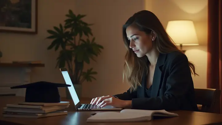 Woman studying on a laptop at home, a graduation cap on the table beside her