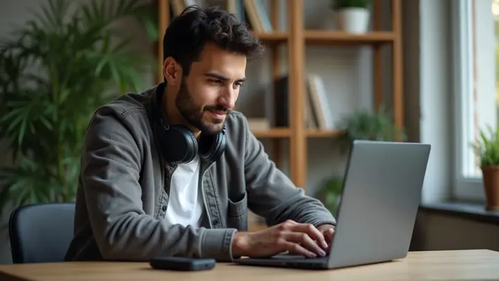 Young man job hunting online from his home desk with a laptop and phone