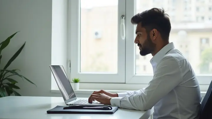 Young man at a desk by a window working on his resume on a laptop