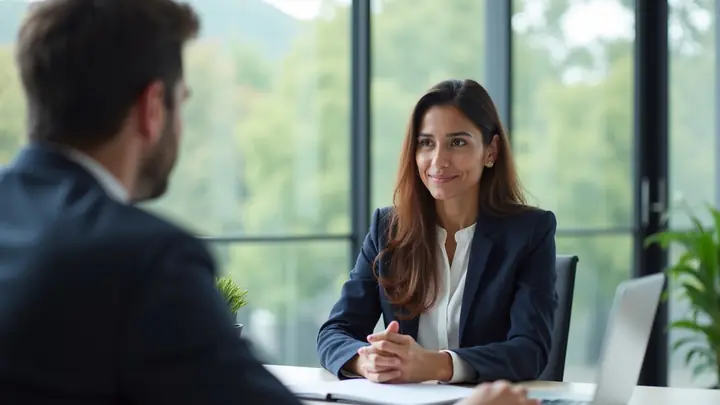 Woman calmly discussing her pay with a manager across an office desk