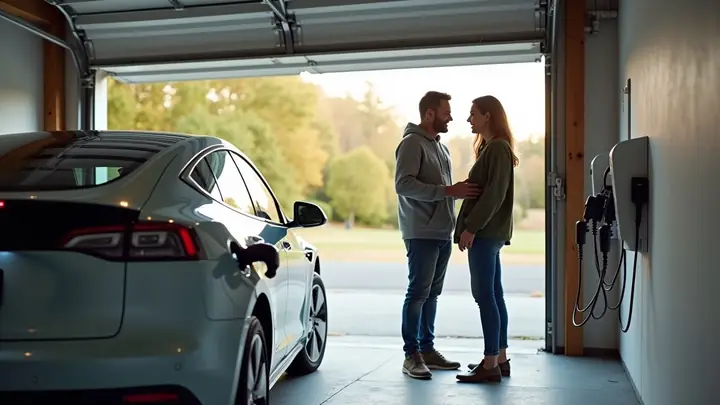 Couple talking in their garage beside an electric car and a wall-mounted charger