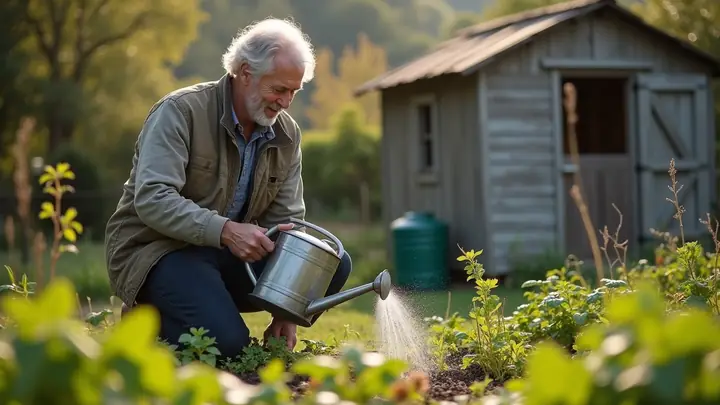 Man watering a vegetable garden with a watering can beside a rain barrel