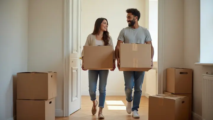 Couple carrying cardboard boxes into an empty, sunlit apartment