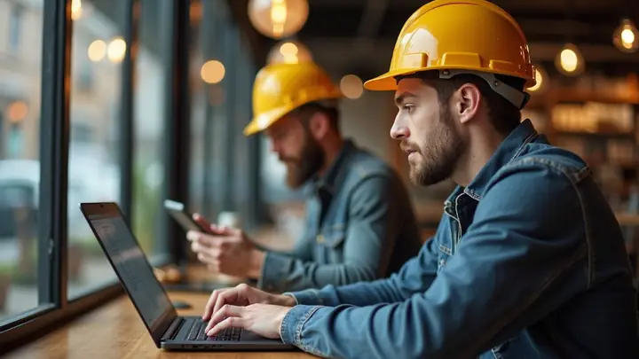 Freelancer working on a laptop in a cafe while a tradesperson checks schedule