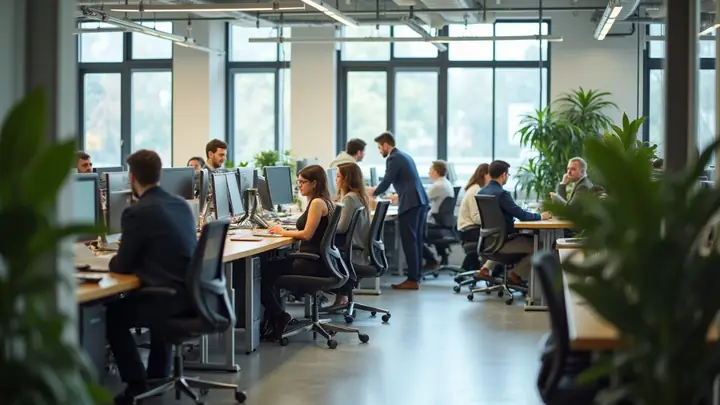 Colleagues working and chatting in a bright open-plan office