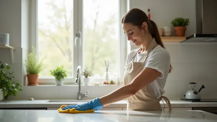 Domestic cleaner wiping a marble kitchen counter in a bright tidy apartment