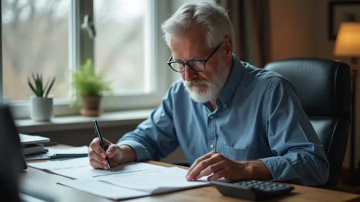 Man comparing two sheets of paper side by side at a desk with a calculator