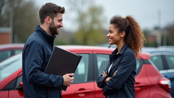 Insurance agent talking with a young driver beside her small red car