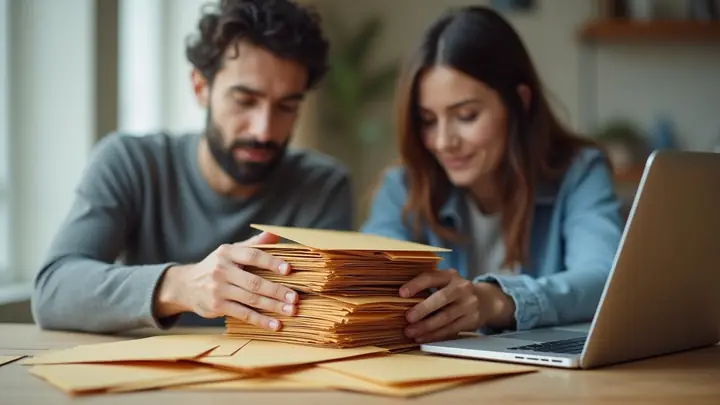 Couple at a dining table gathering scattered envelopes into one tidy stack