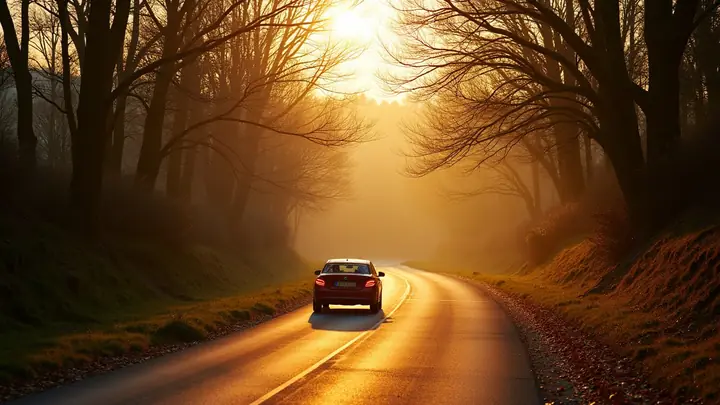 Car driving along a winding tree-lined road at golden hour