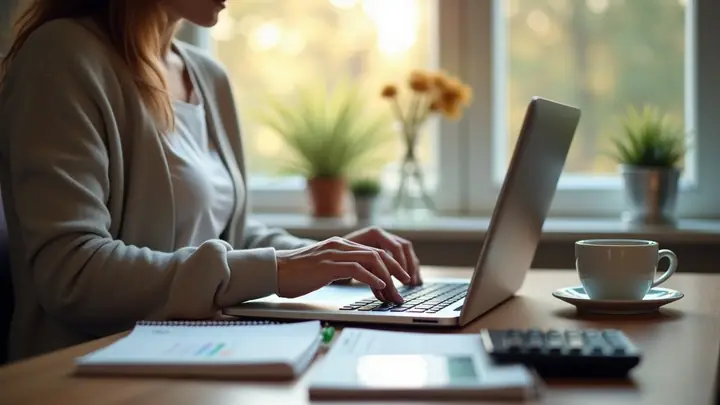 Woman managing household finances at a kitchen table with a laptop and calculator