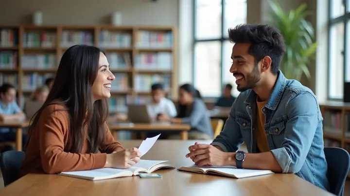 Two students quizzing each other with index cards at a library table