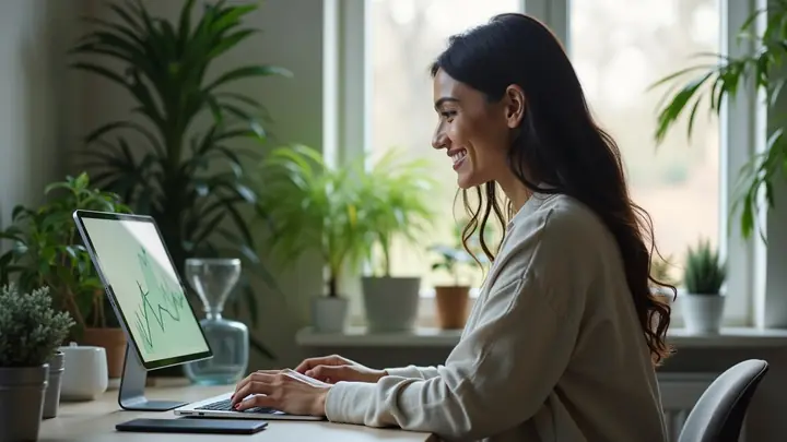 Woman smiling at her laptop, a tablet beside her showing a rising line graph
