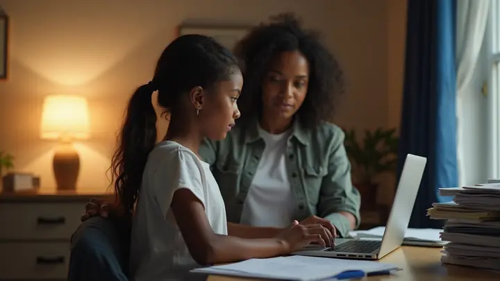 Teenage girl working on applications at her desk while her mother encourages her