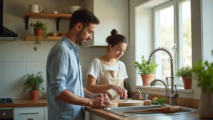 Couple cooking together in a bright, tidy family kitchen
